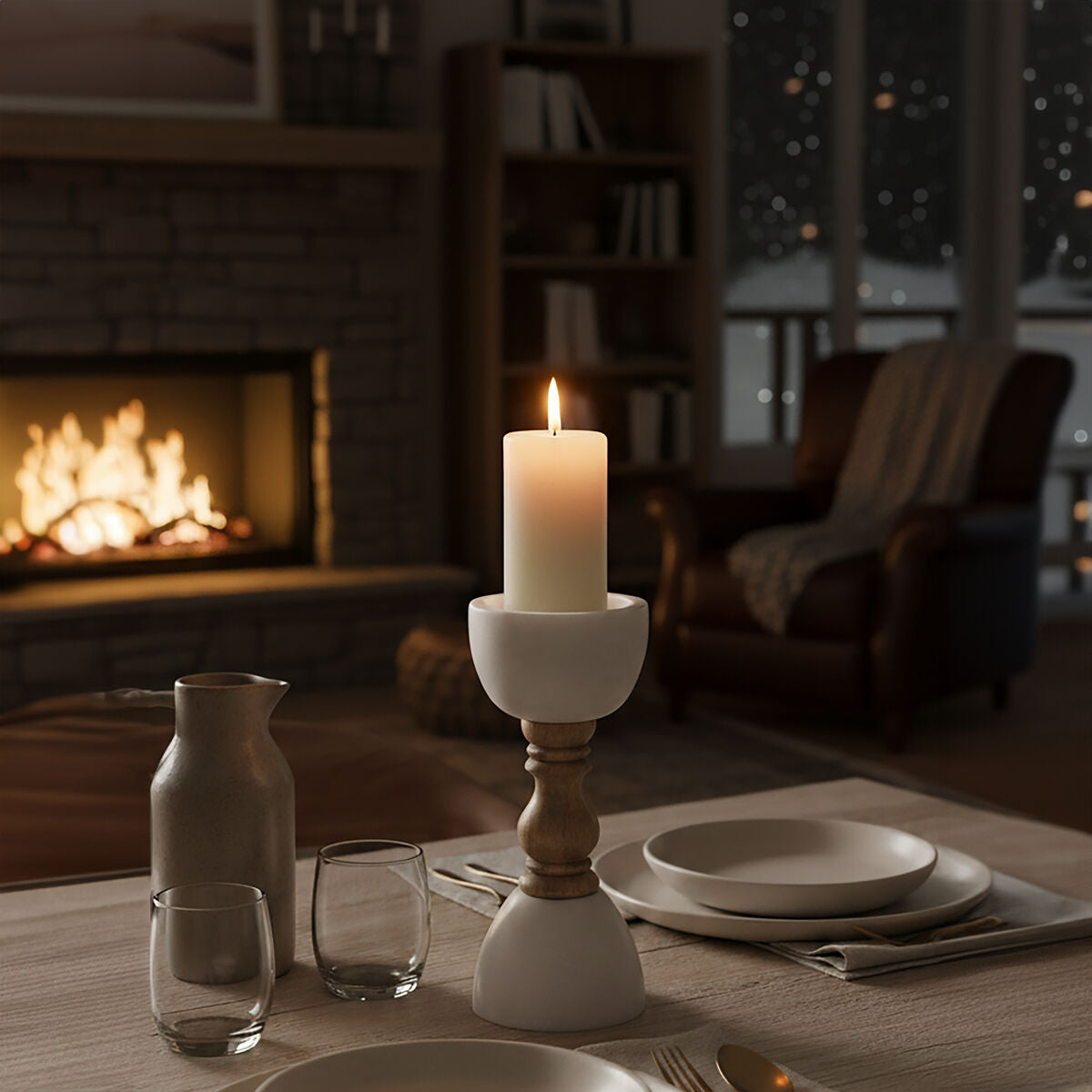 Sena Large White Marble and Mango Wood Candle Holder