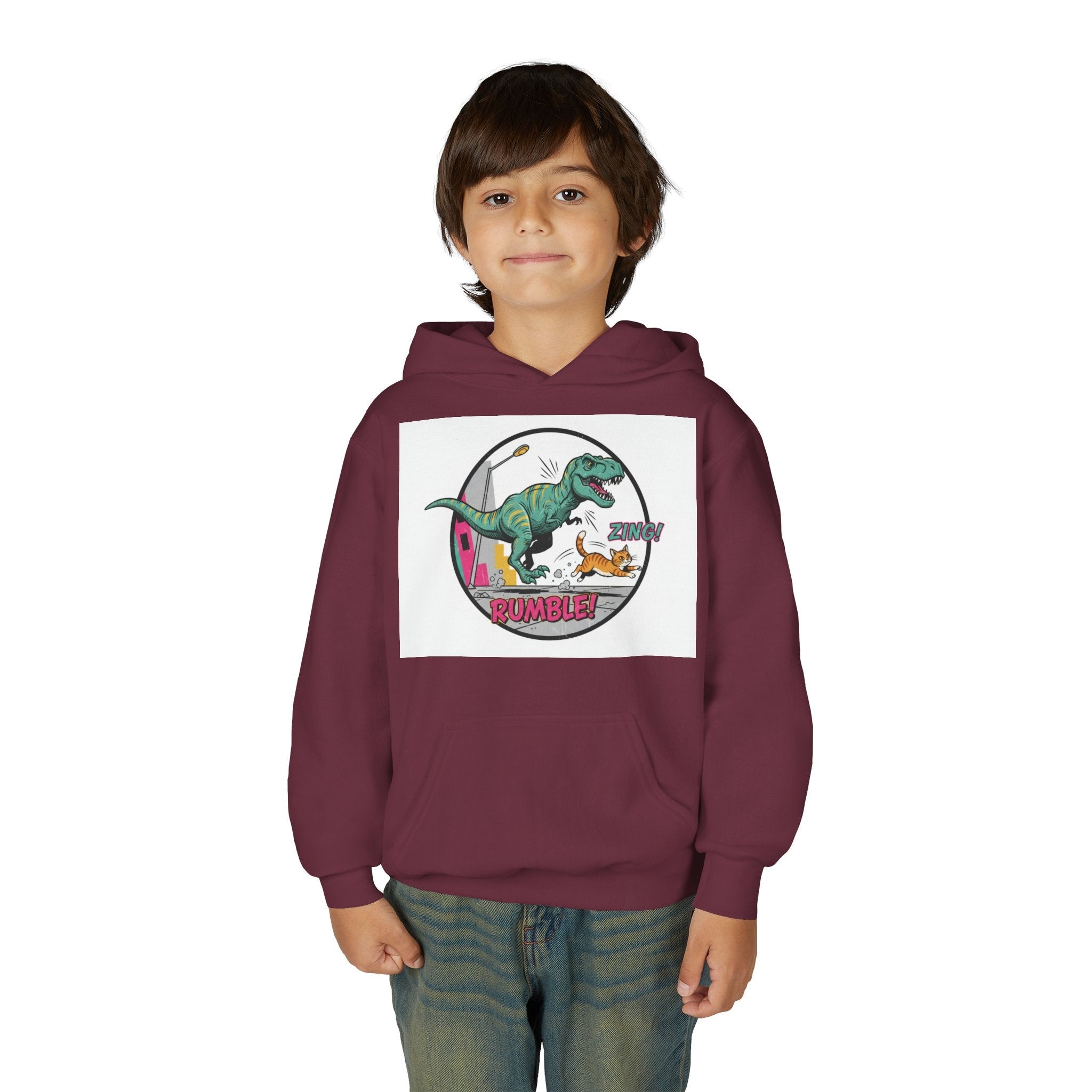 T-Rex Chase Dino Rumble Youth Hoodie | Dinosaur Graphic Sweatshirt