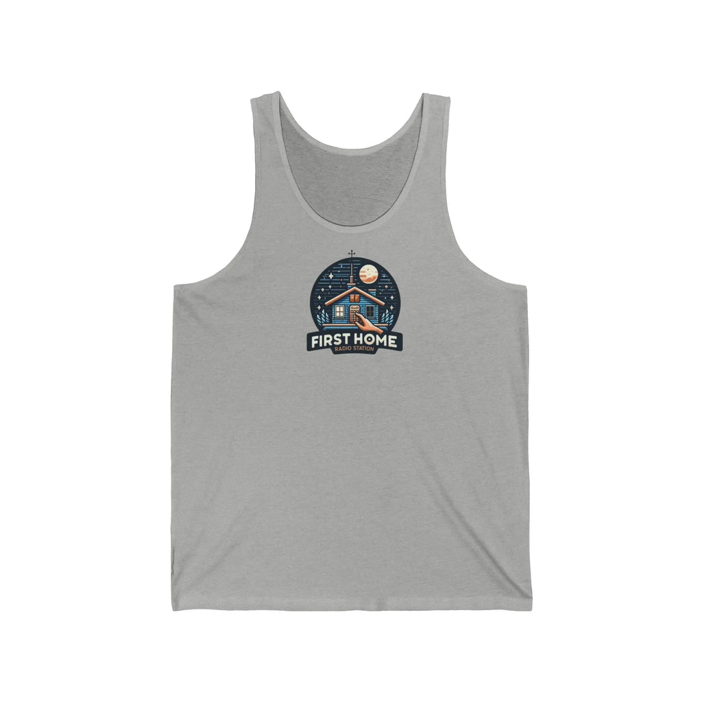 Cozy Unisex Tank Top with 'First Home Radio' Design, Summer Beachwear, Housewarming Gift, Casual Summer Top, Perfect for New Homeowners