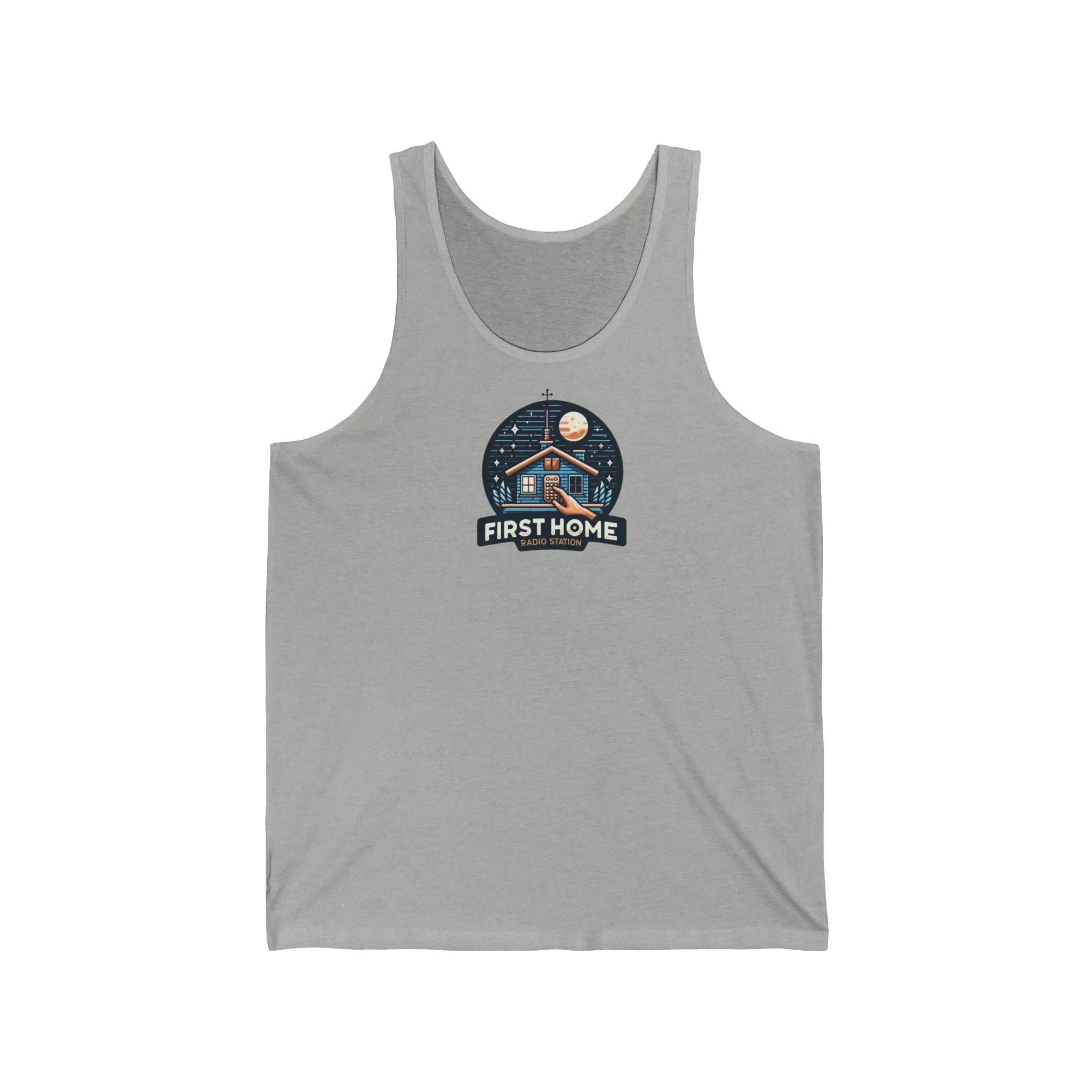 Cozy Unisex Tank Top with 'First Home Radio' Design, Summer Beachwear, Housewarming Gift, Casual Summer Top, Perfect for New Homeowners