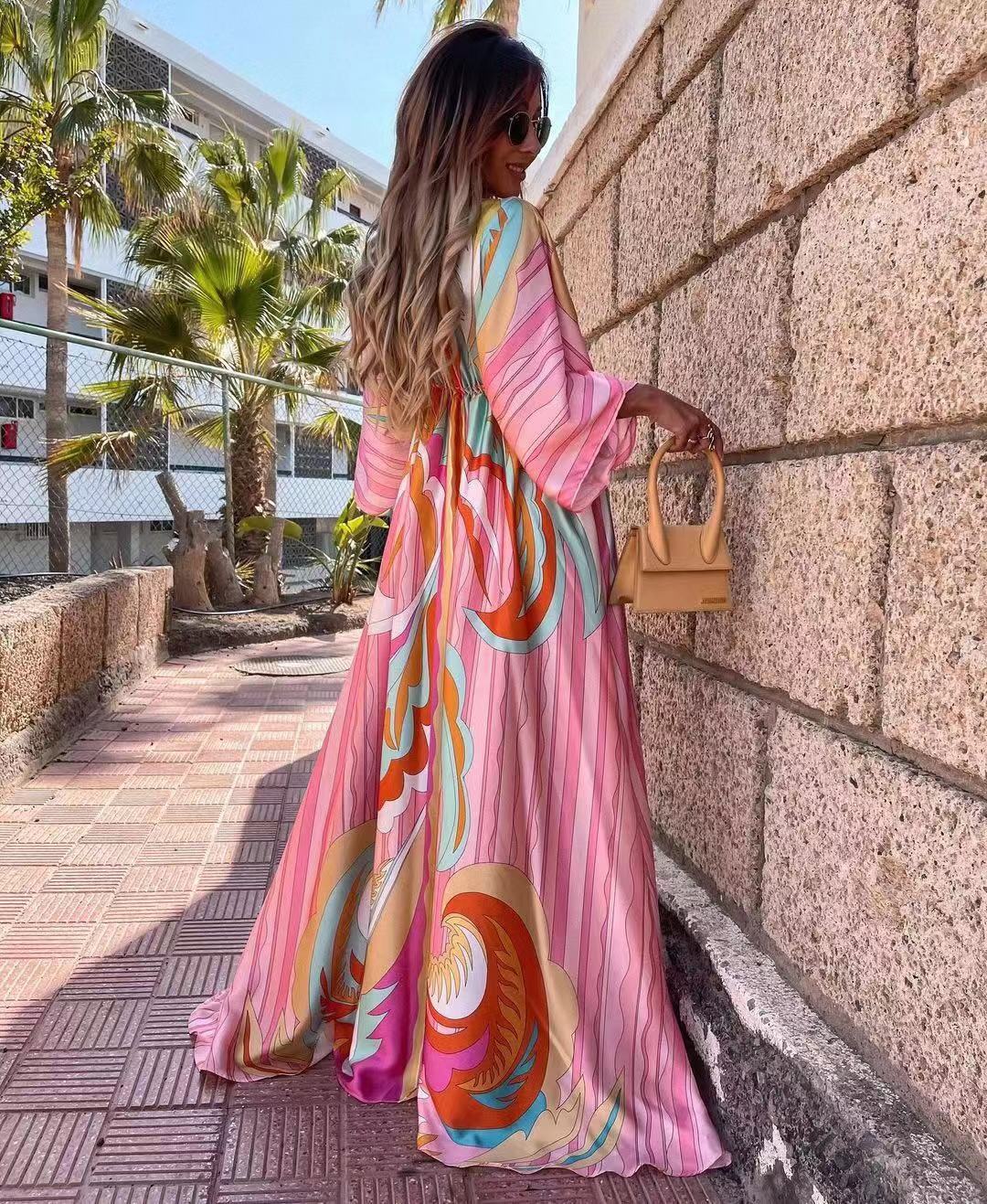 New women''s V-neck short sleeve printed long dress