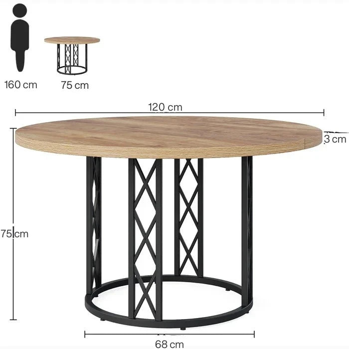 Industrial Round Dining Table - Rustic Wood Top with X-Frame Metal Pedestal