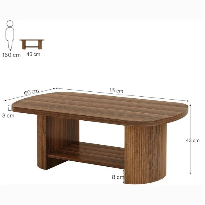 Modern Oval Walnut Coffee Table - Fluted Pedestal Base with Storage Shelf