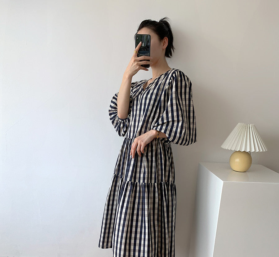 Female Summer Black And White Plaid Loose Retro Dress