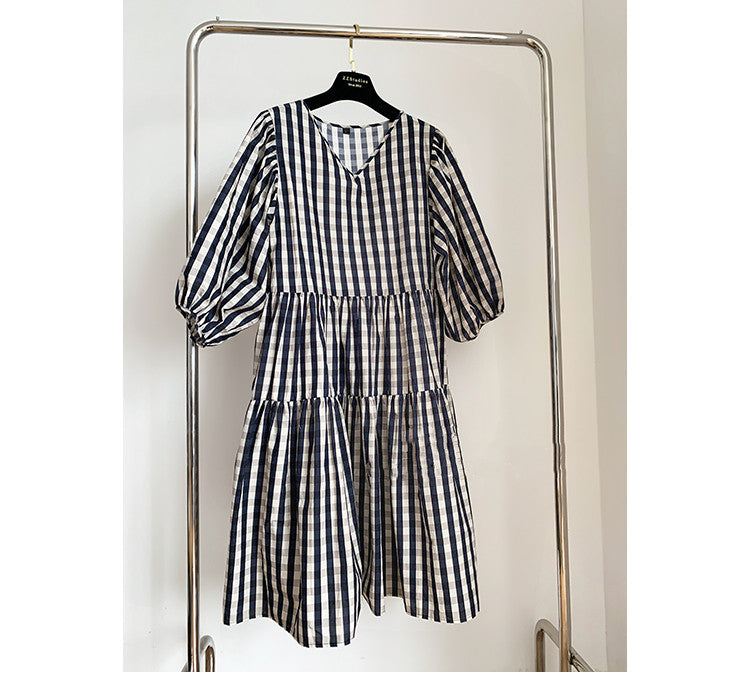Female Summer Black And White Plaid Loose Retro Dress