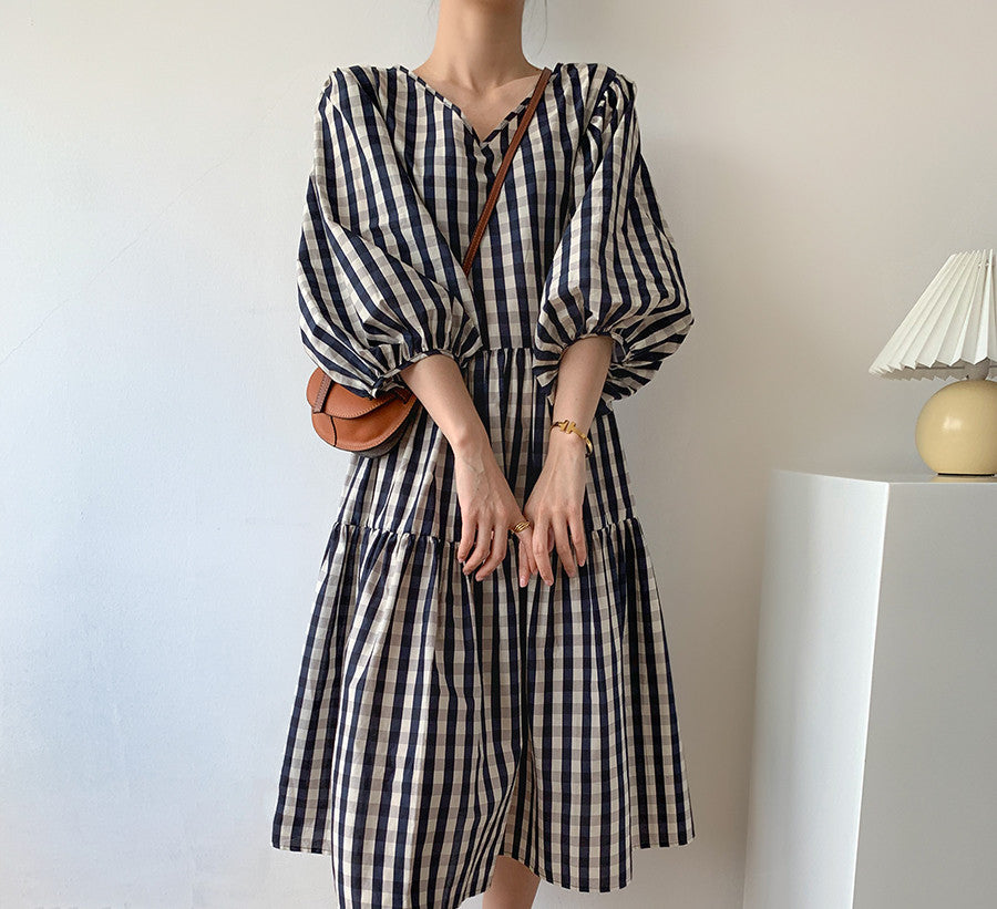 Female Summer Black And White Plaid Loose Retro Dress