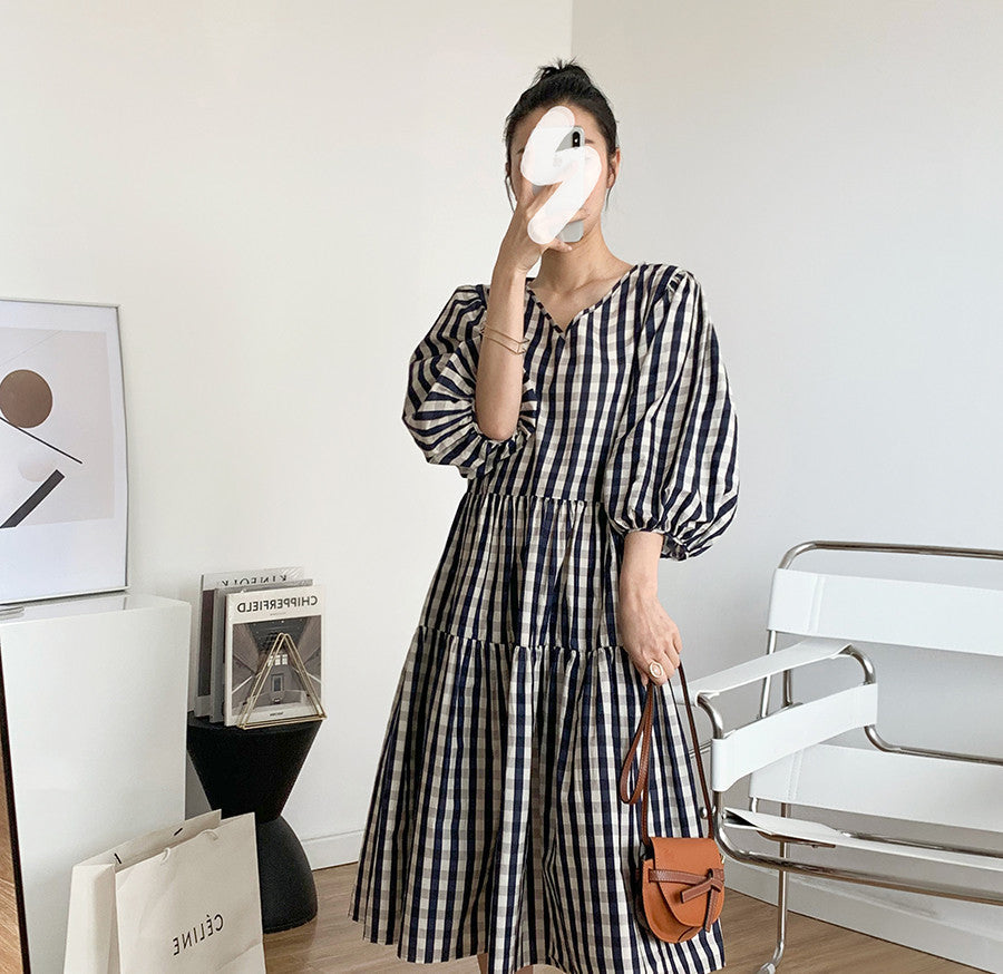 Female Summer Black And White Plaid Loose Retro Dress