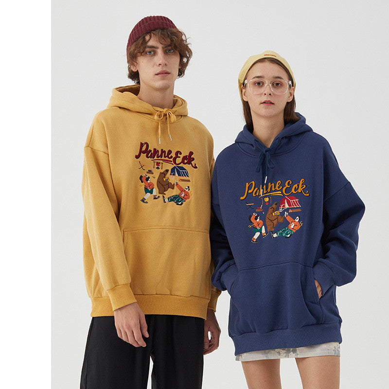 Embroidered Loose Hooded Couple Cartoon Plus Velvet Sweater