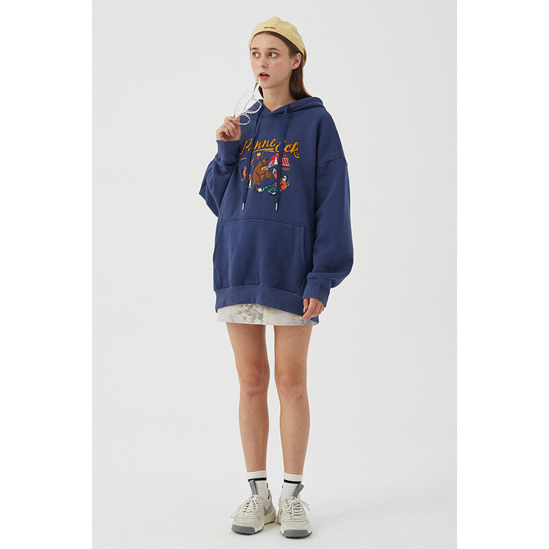 Embroidered Loose Hooded Couple Cartoon Plus Velvet Sweater
