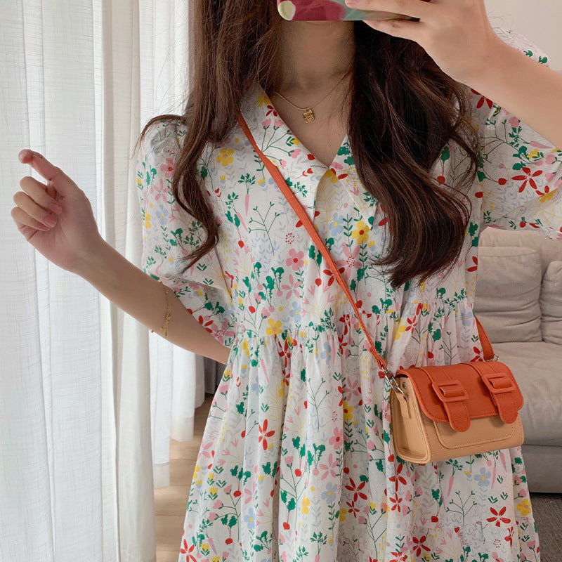 Sweet Floral Dress Women"s Summer New Spring French Loose Baby Collar Bubble Sleeve Skirt Summer