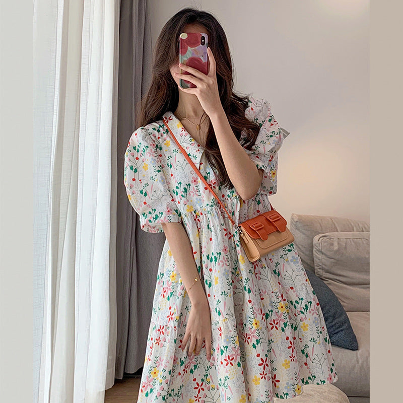 Sweet Floral Dress Women"s Summer New Spring French Loose Baby Collar Bubble Sleeve Skirt Summer