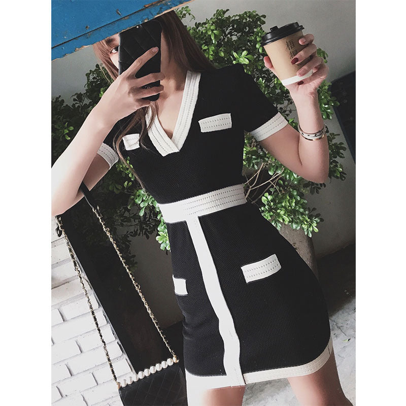 Black And White Contrast Color V-neck Slim Knit Dress For Small Women Korean Style Slim High Waist Sexy Dress
