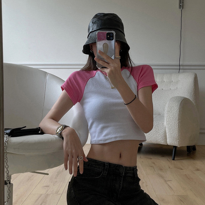 Short T-shirt Women''s Summer Korean Color Contrast Design Short