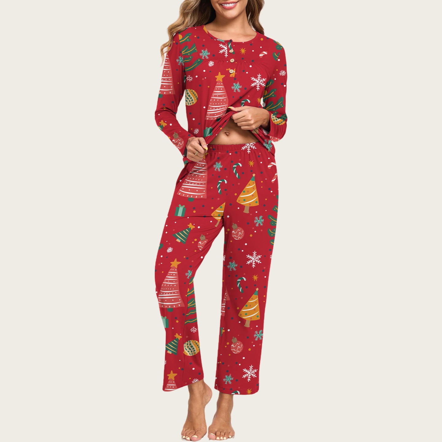 2-Piece Casual Christmas Pajama Set With Pockets