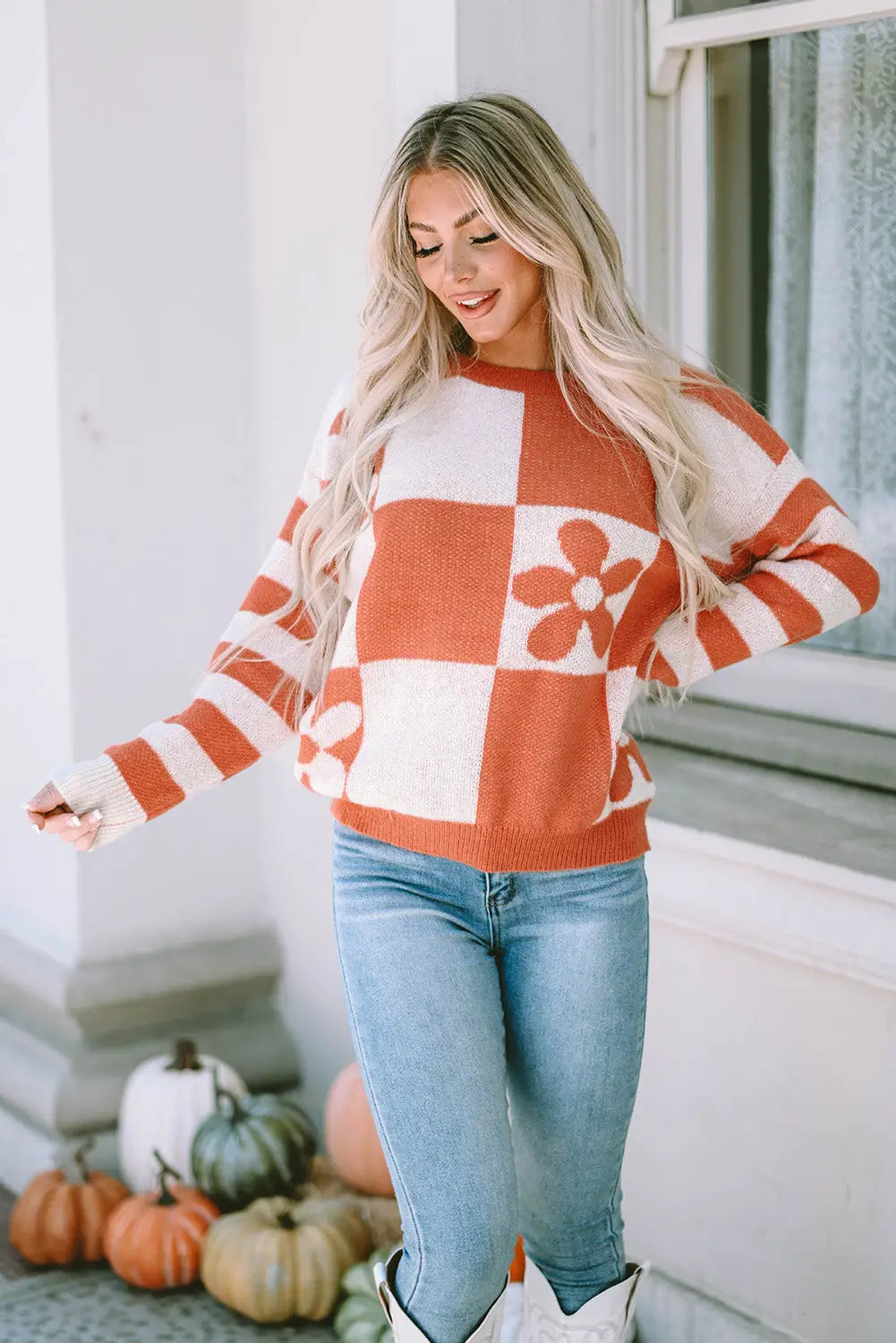 Checkered Floral Print Striped Sleeve Sweater Women UK
