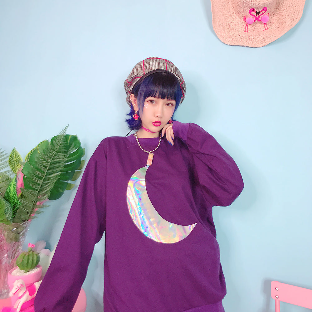 Japanese Harajuku Wind Girl Heart Laser Moon Loose Cartoon Print Top Sweatshirt