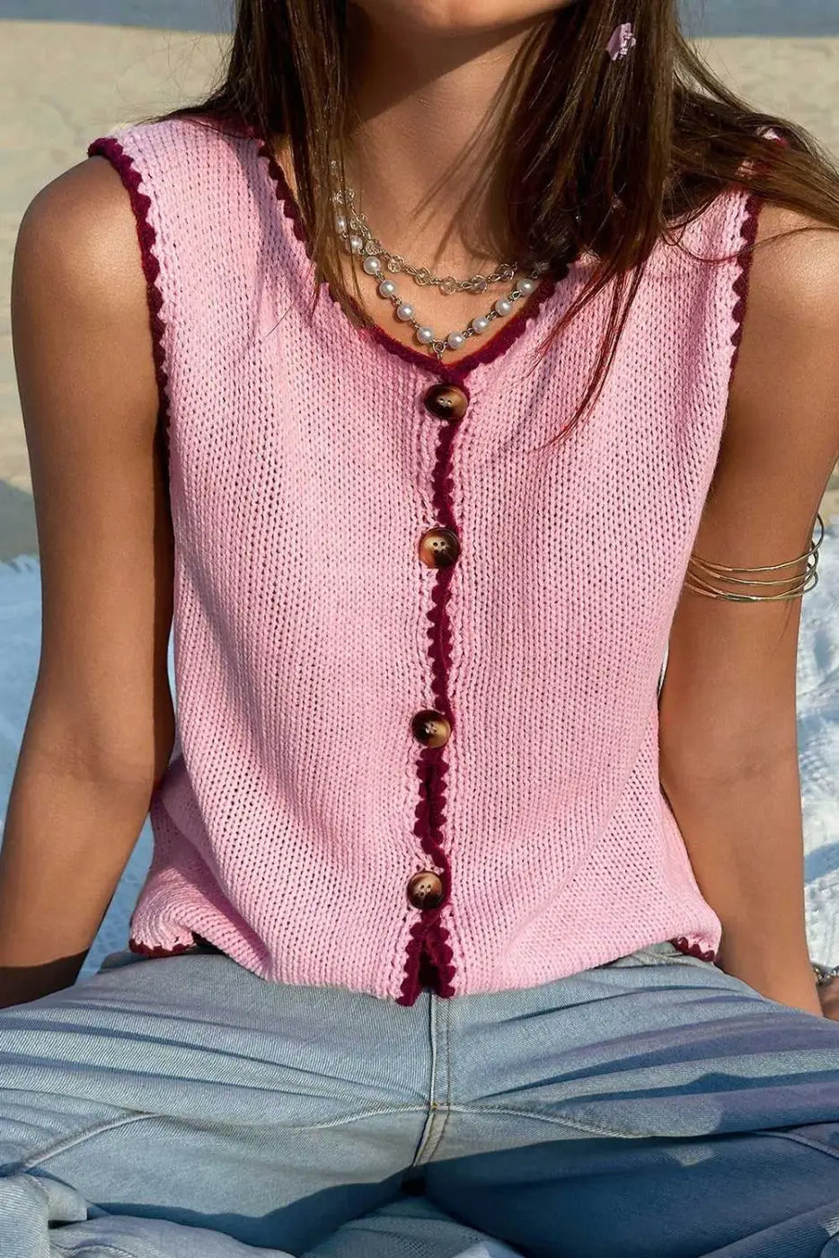 Pink Contrast Trim Knit Crop Top
