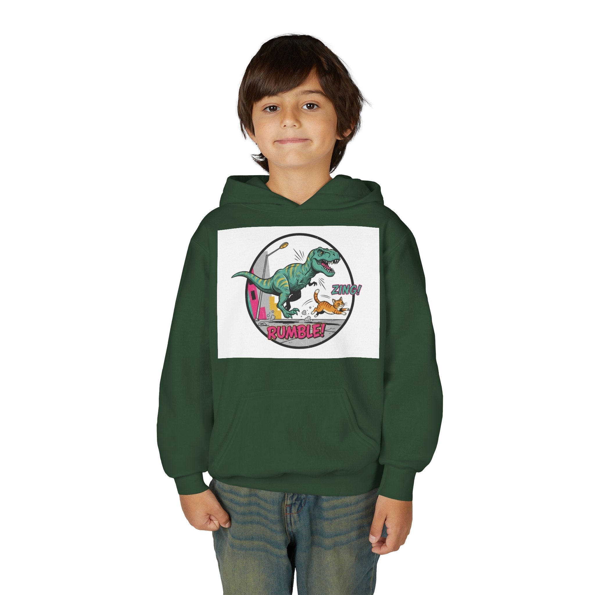 T-Rex Chase Dino Rumble Youth Hoodie | Dinosaur Graphic Sweatshirt