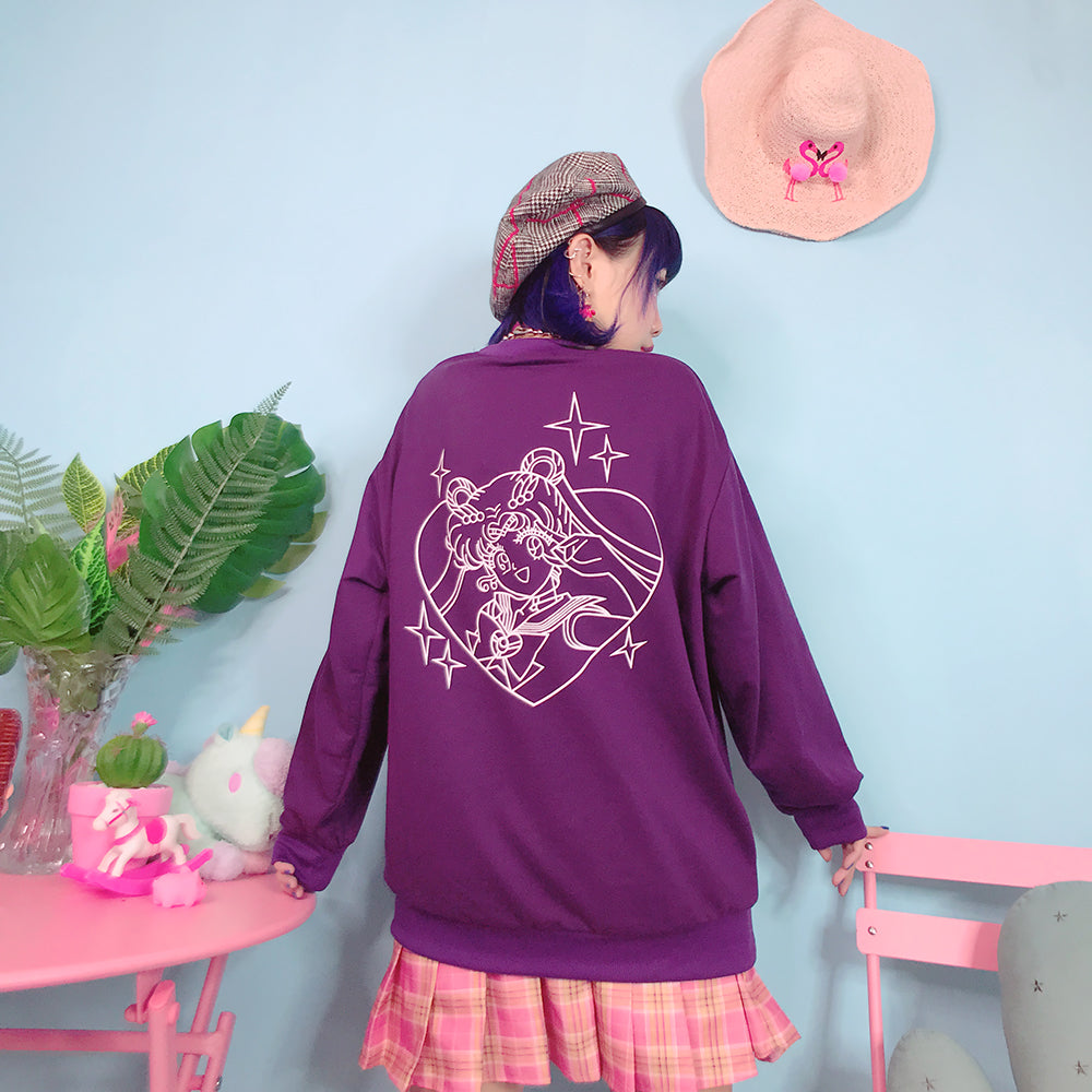 Japanese Harajuku Wind Girl Heart Laser Moon Loose Cartoon Print Top Sweatshirt