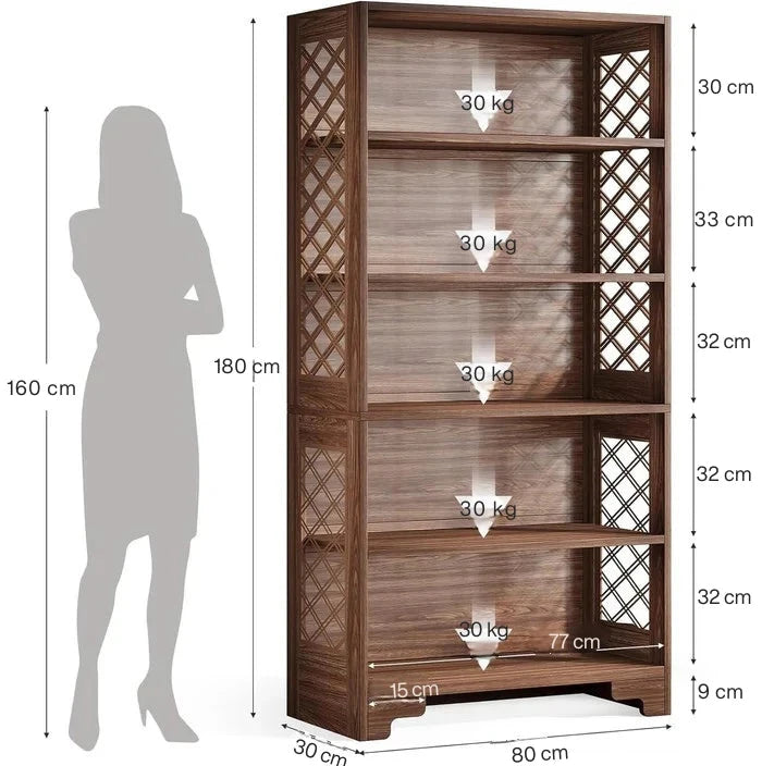 Classic 5-Tier Walnut Bookshelf - Traditional Library Display with Lattice Side Panels