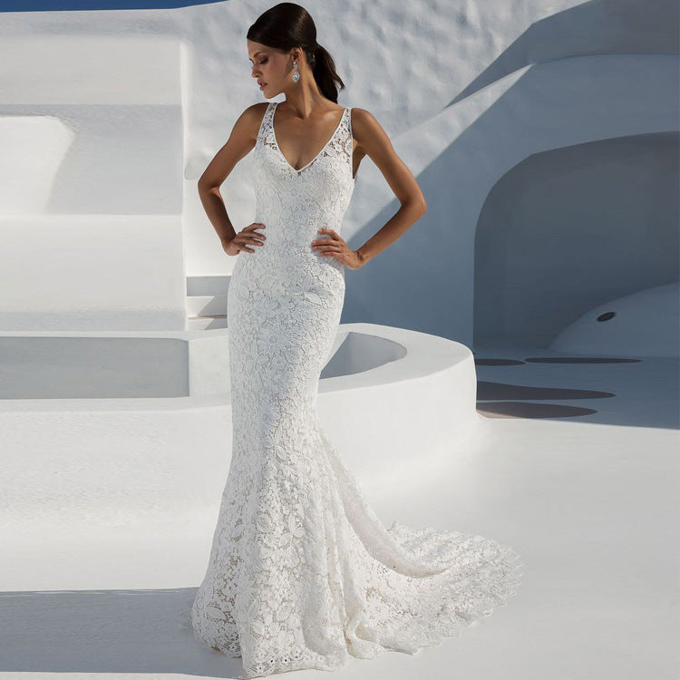 Deep V Sexy Lace Backless Dress Sleeveless White Trailing Dress