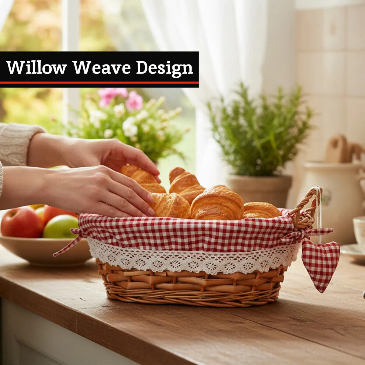 Orla Willow Bread Basket with Red Gingham Lining