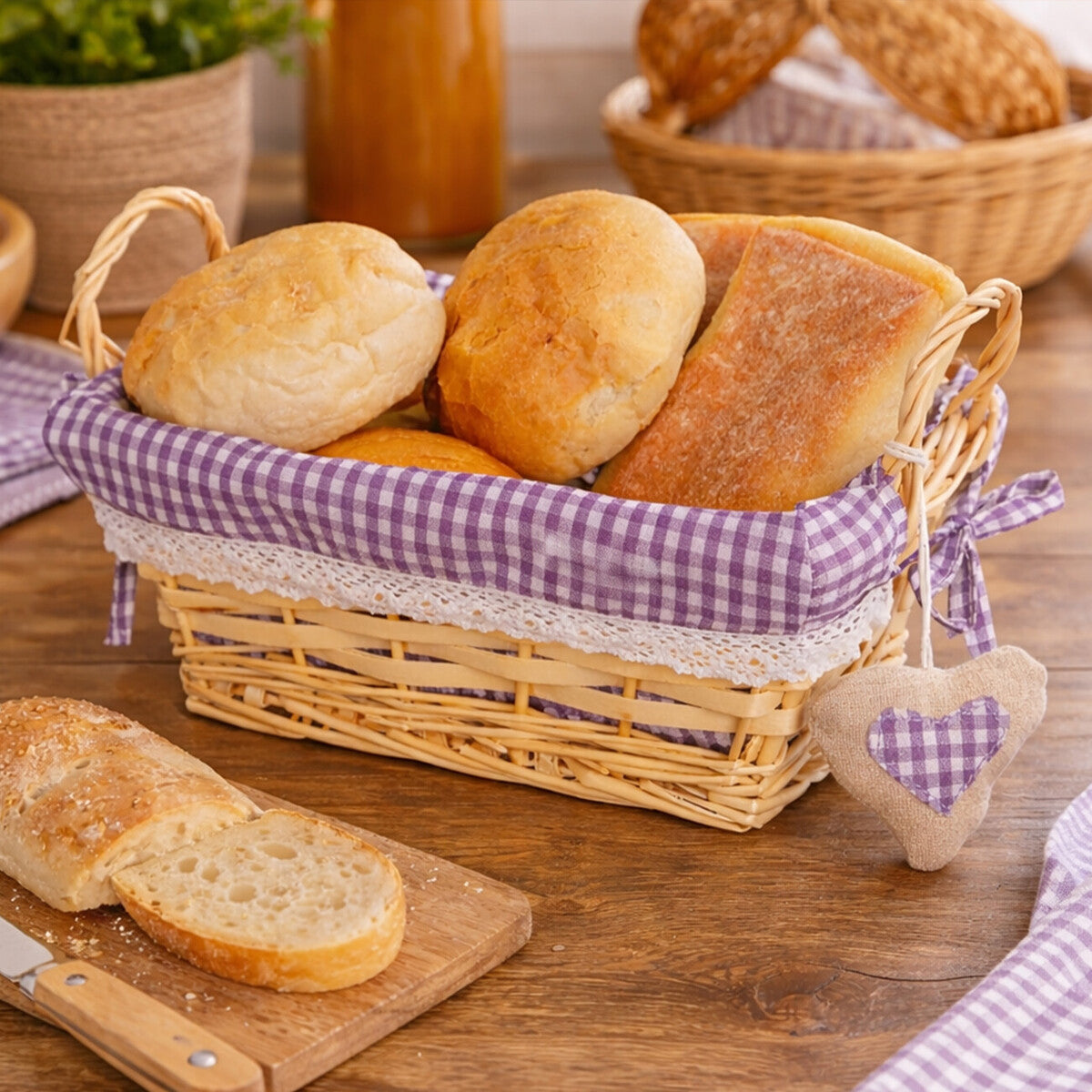 Orla Purple Gingham Lining Small Rectangular Willow Bread Basket