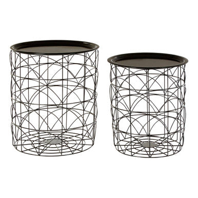 Set of 2 Black Recessed Tops and Metal Wire Basket Frame Side Tables, Hege