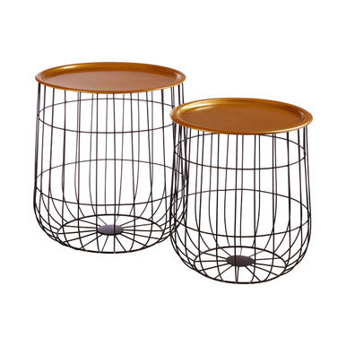 Set of 2 Brass Finish Top and Black Metal Wire Frame Side Tables, Hege