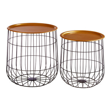 Set of 2 Brass Finish Top and Black Metal Wire Frame Side Tables, Hege