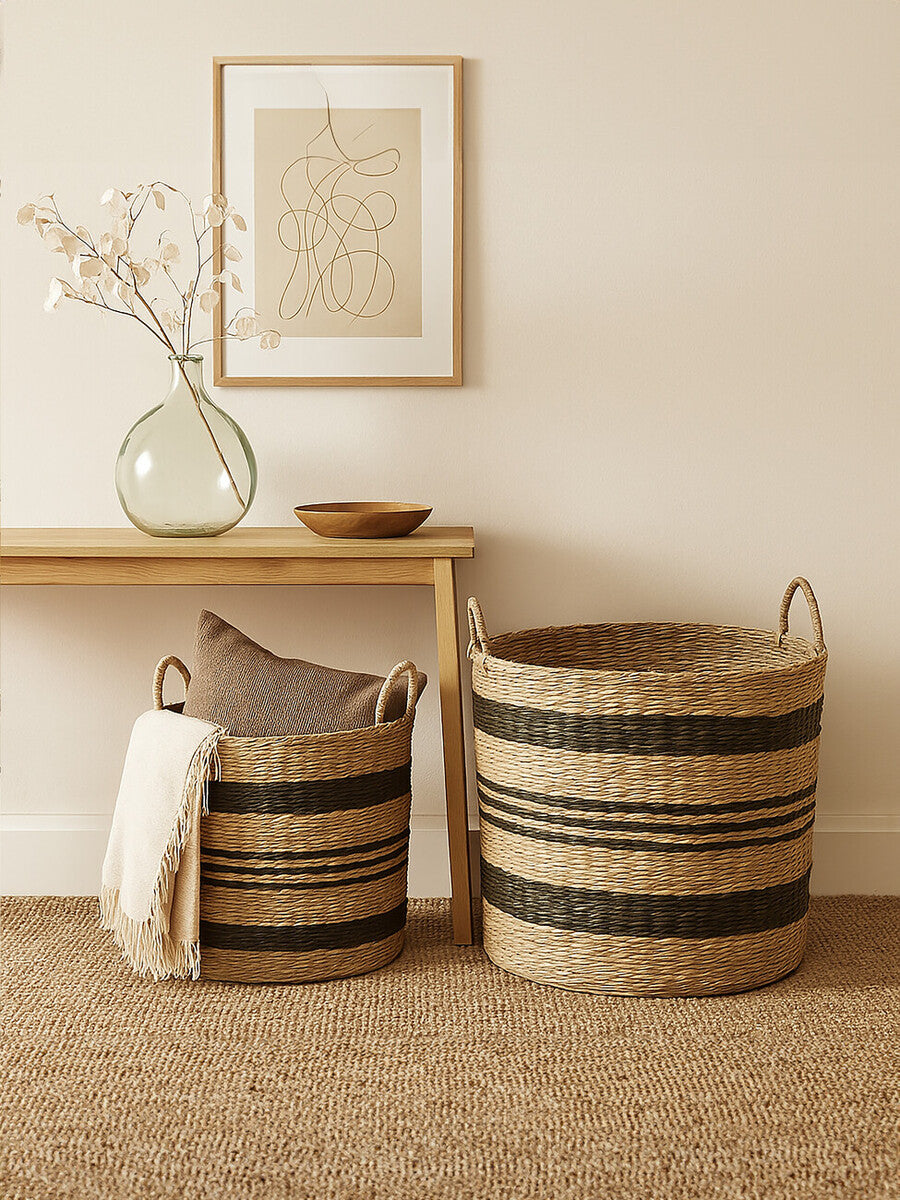 Arles Set of 2 Seagrass Baskets with Black Stripes.