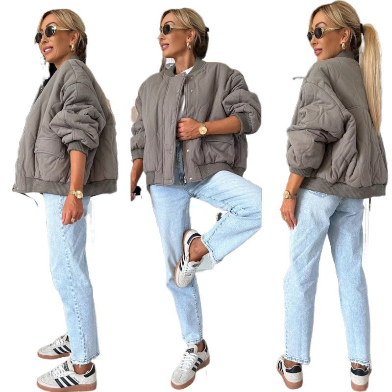 Winter Stitched Jacket Chic Fashion Casual Buckle Coat Women's Solid Color Long Sleeved Top Outwear Clothing