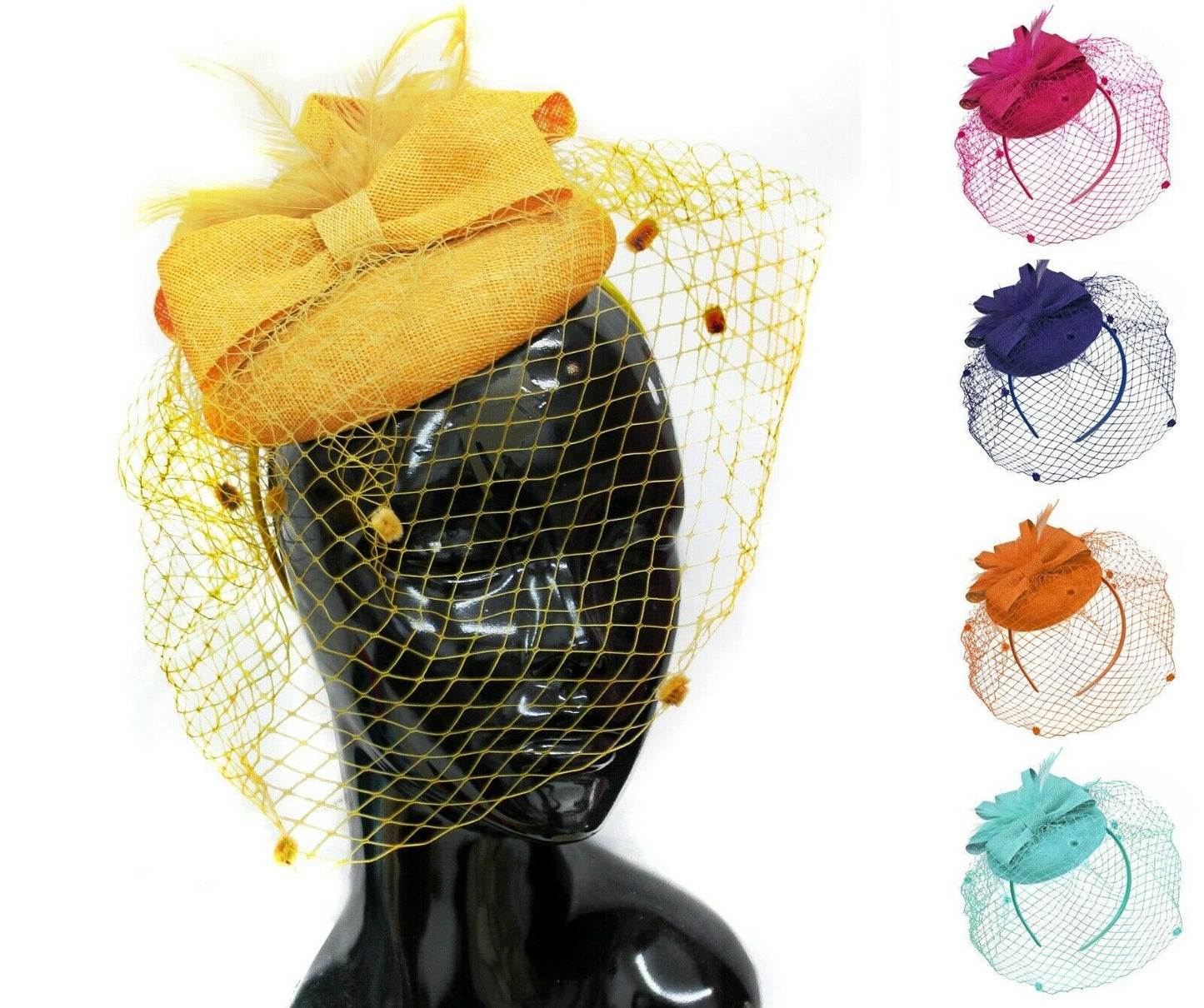 Round Pillbox Birdcage Veil Bow Sinamay Headband Fascinator Weddings Ascot Races