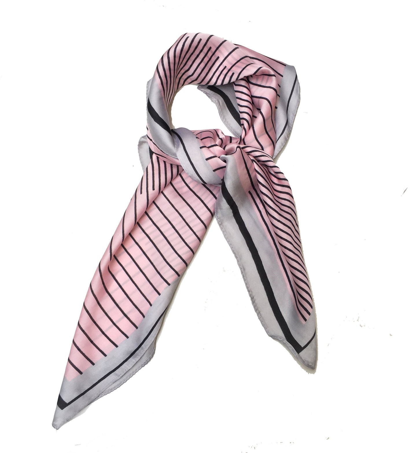 Big Square Ladies Womans Faux Silk Head Neck Thin Scarf Bag Charm - 70cm x 70cm[Piano Stripes - Baby Pink and Black]