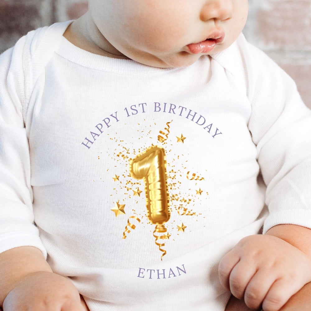 Personalised 1st Birthday Gold Balloon Baby Grow, Vest or Bib with Name