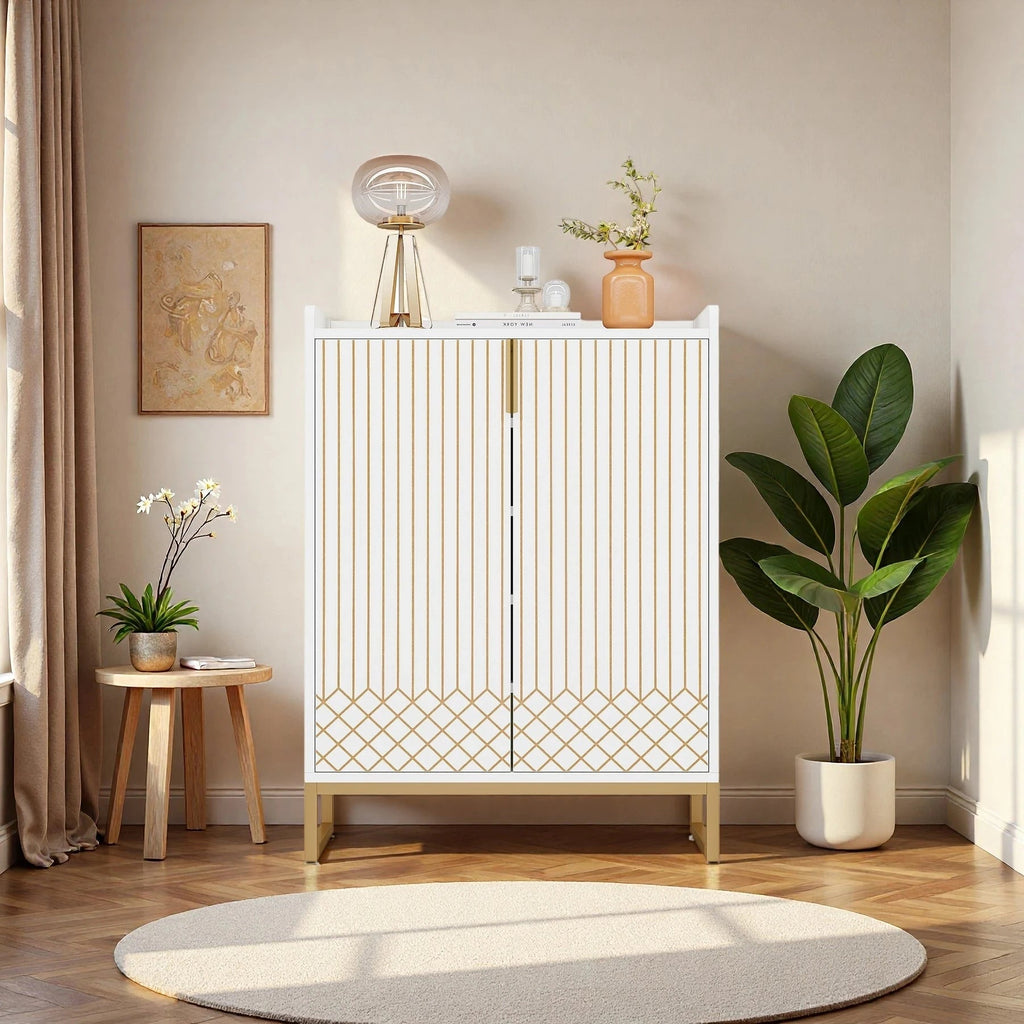 Art Deco Accent Cabinet - White & Gold Luxury Sideboard & Bar Station
