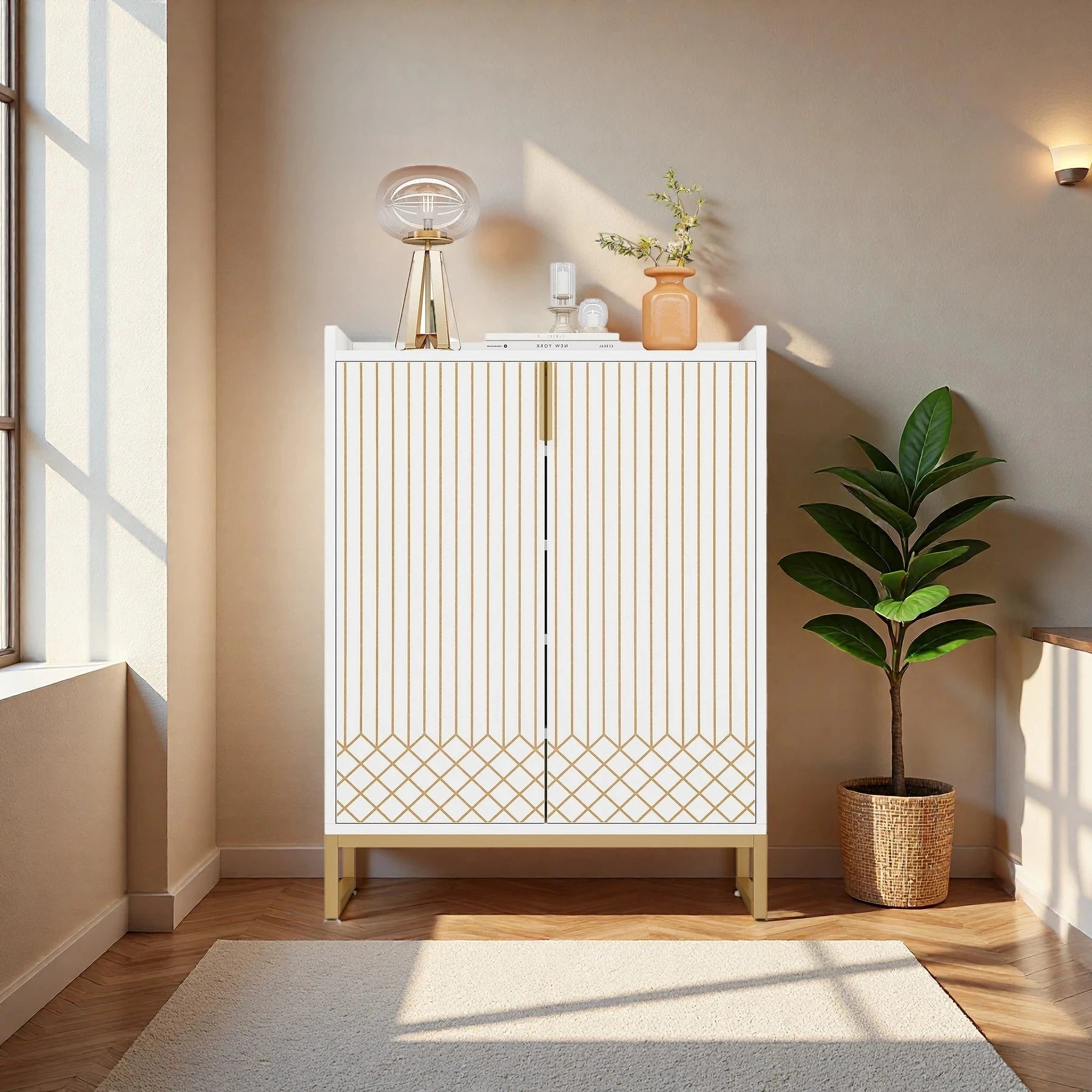 Art Deco Accent Cabinet - White & Gold Luxury Sideboard & Bar Station