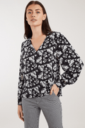Louche Bindy Mono Sprig Print V Neck Long Sleeve Blouse