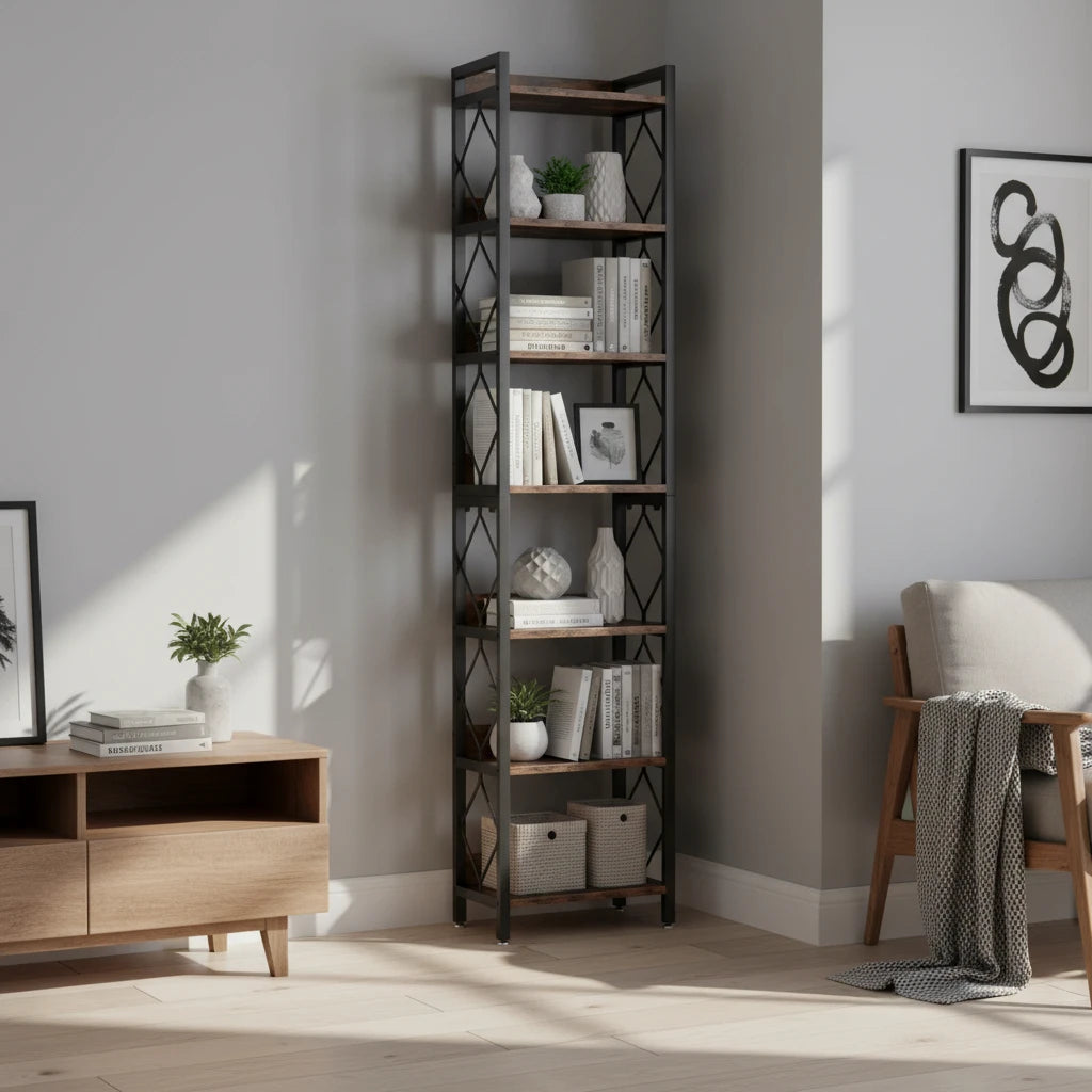 200cm Slim 7-Tier Industrial  Bookshelf - Rustic Wood & Black Metal Display Tower.