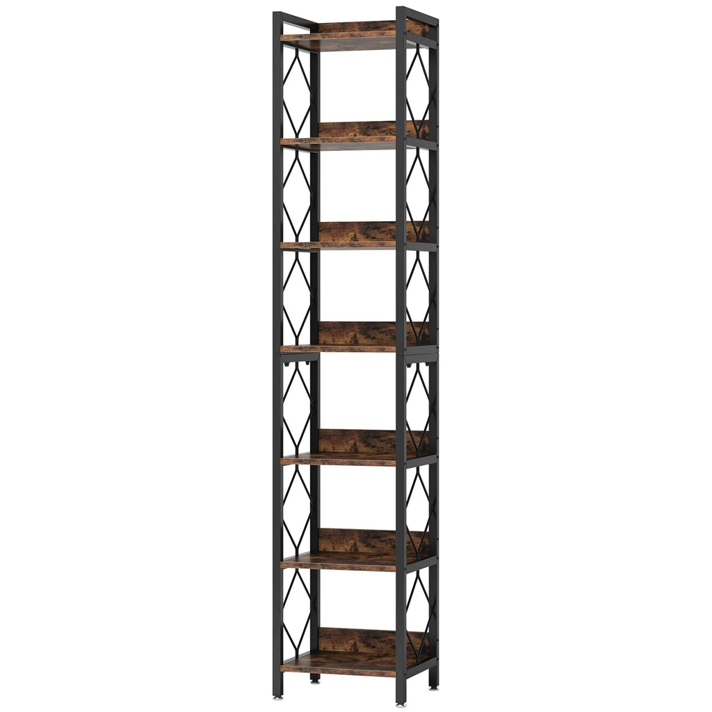 200cm Slim 7-Tier Industrial  Bookshelf - Rustic Wood & Black Metal Display Tower.