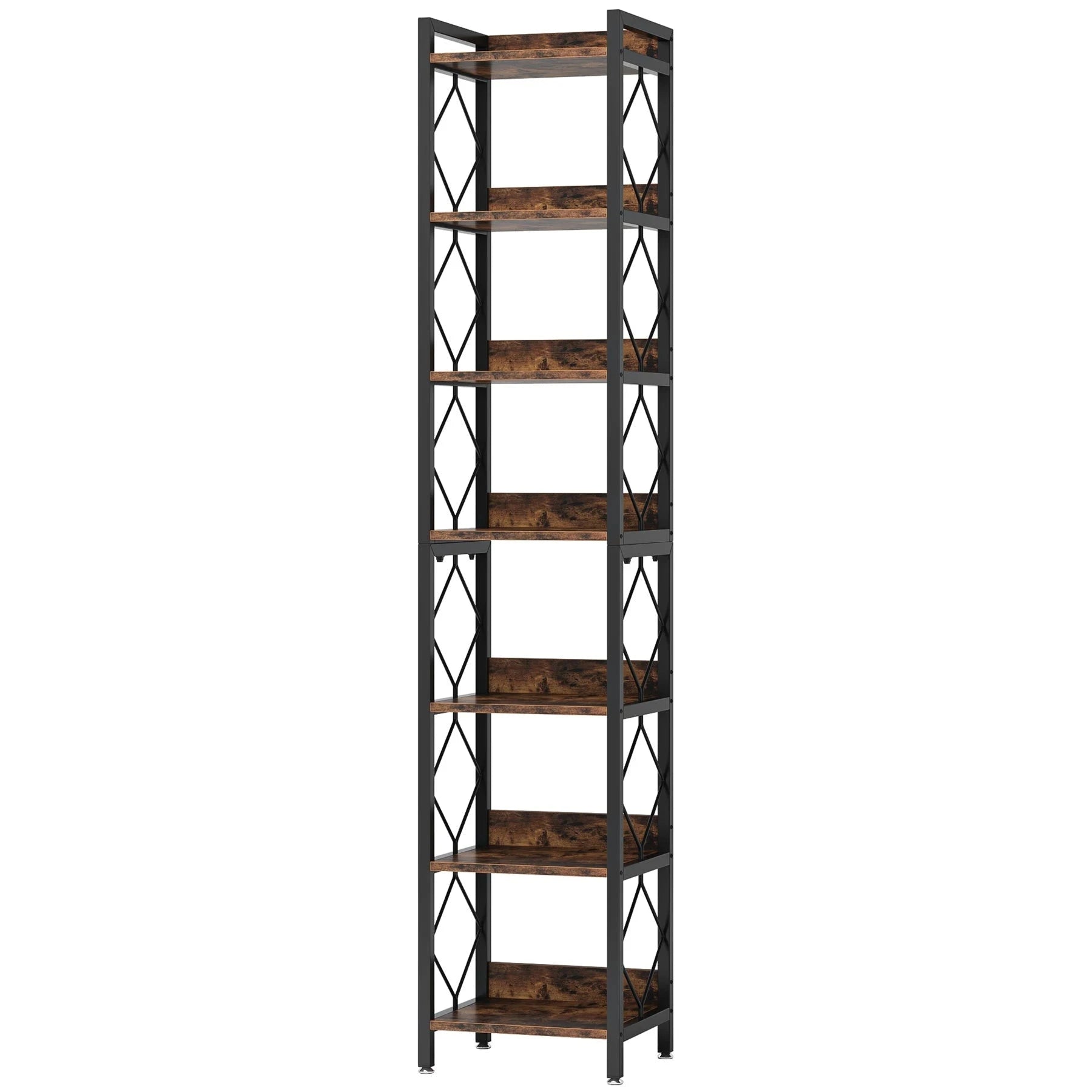 200cm Slim 7-Tier Industrial  Bookshelf - Rustic Wood & Black Metal Display Tower.