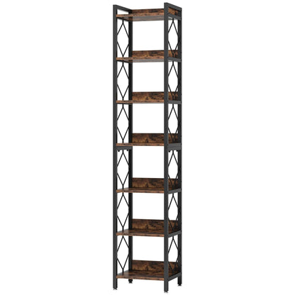 200cm Slim 7-Tier Industrial  Bookshelf - Rustic Wood & Black Metal Display Tower.