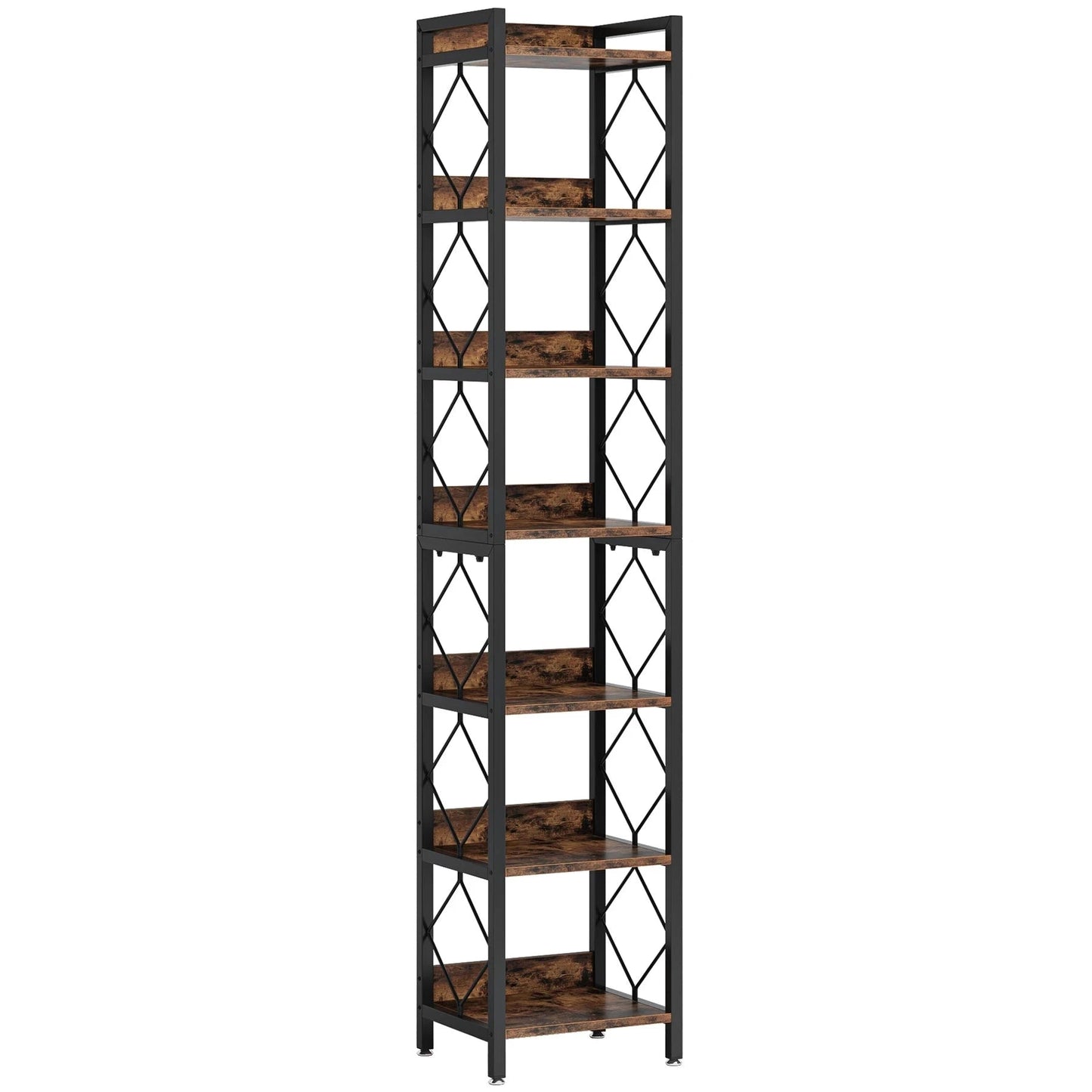 200cm Slim 7-Tier Industrial  Bookshelf - Rustic Wood & Black Metal Display Tower.