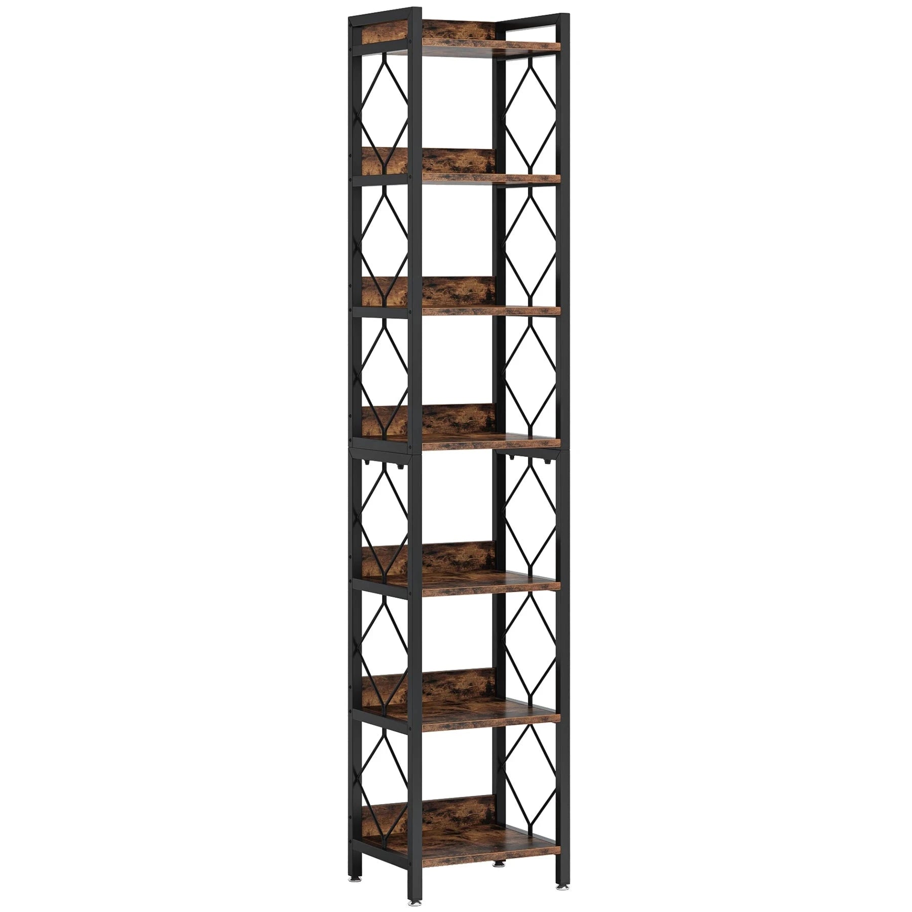 200cm Slim 7-Tier Industrial  Bookshelf - Rustic Wood & Black Metal Display Tower.