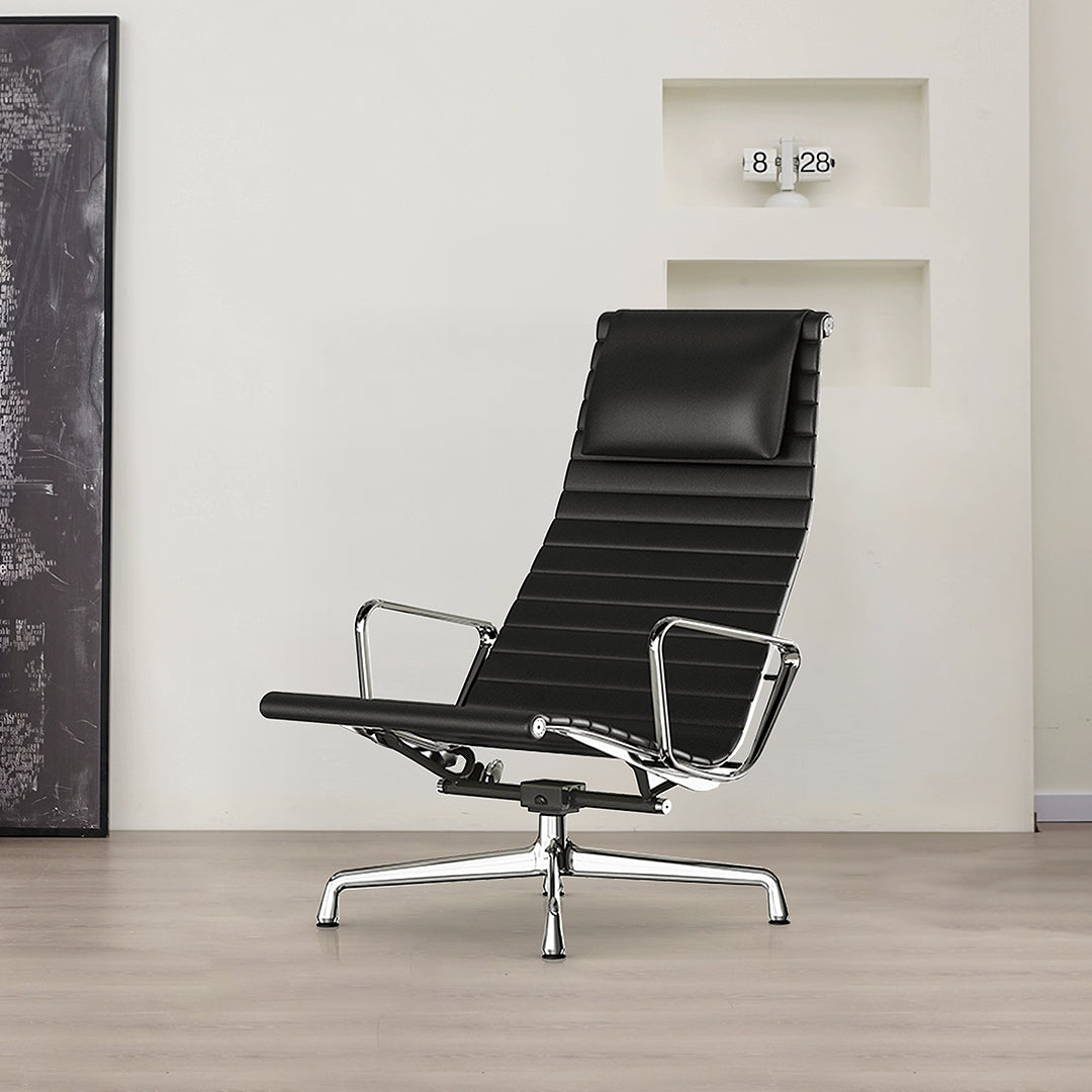 Qureshi Swivel Office Chair With Footstool, Black Leather