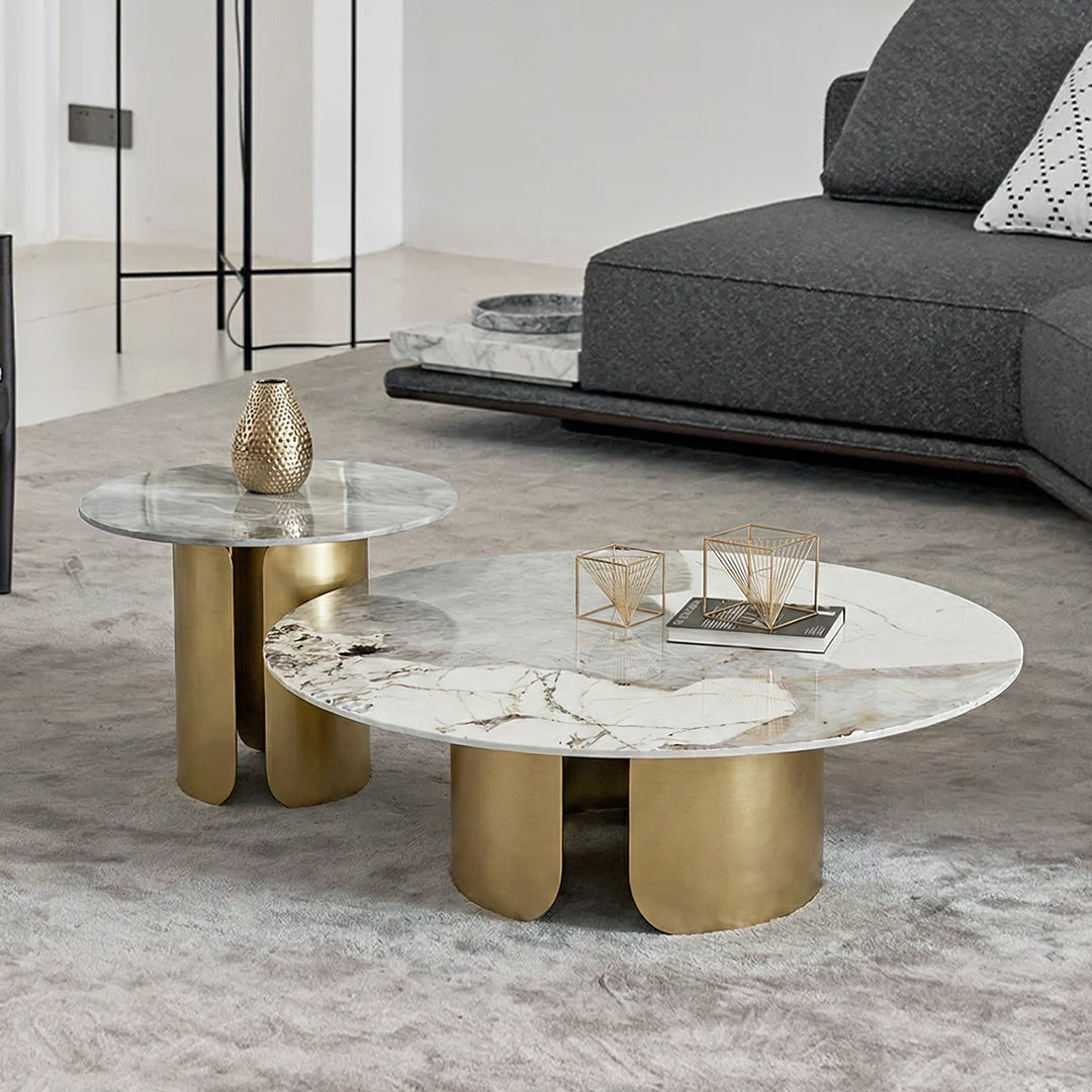Amina Nesting Coffee Table Set, Gold Base, Sintered Stone