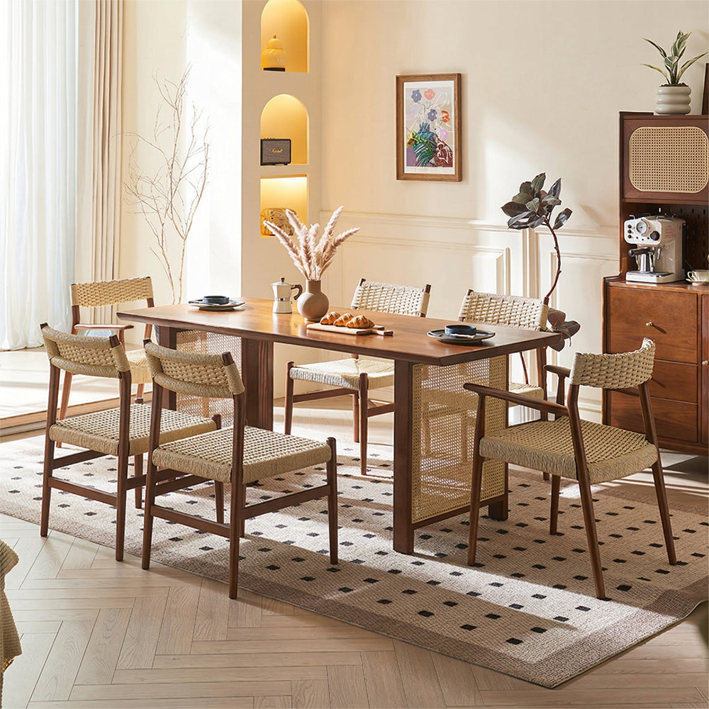 Fuchs Dining Table, Solid Wood & Rattan, Dark Oak