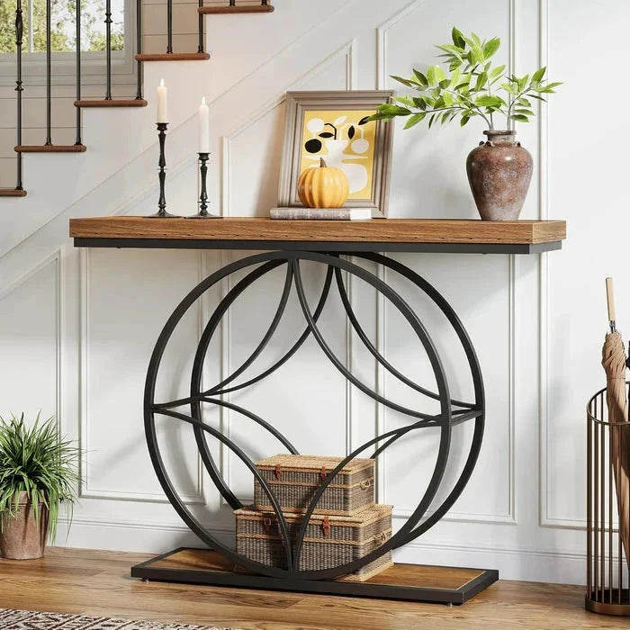 120cm Industrial Console Table - 2-Tier Sofa Table with Geometric Metal Frame