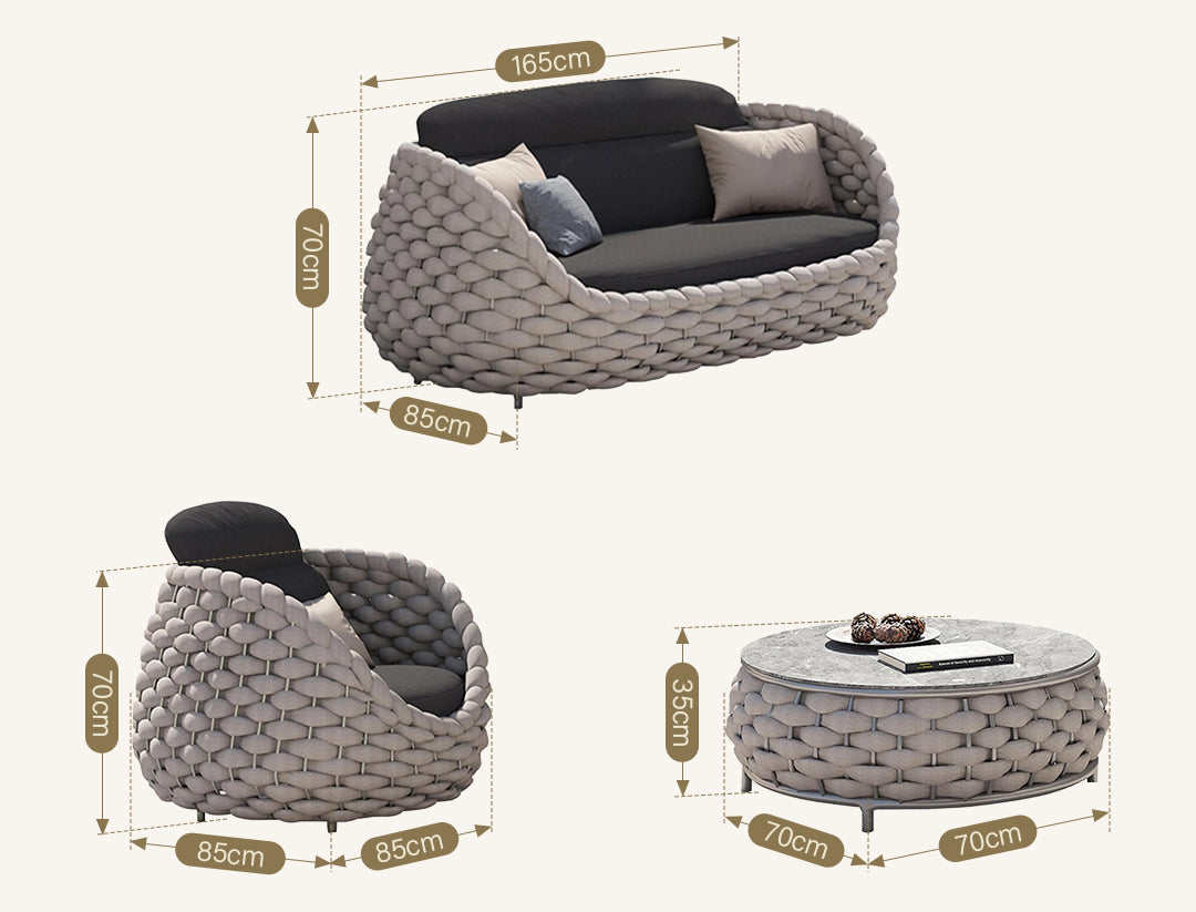 Marbella Textilene Rope Woven Outdoor Sofa Set, Grey