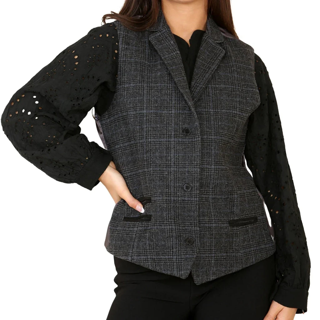 Women's Tweed Check Waistcoat Blazer Grey Suit